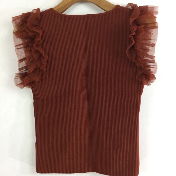 Bailey/44 Womens Rust Ruffle Sleeved Ribbed Knit Blouse Top Rust Size Medium - Picture 5 of 10